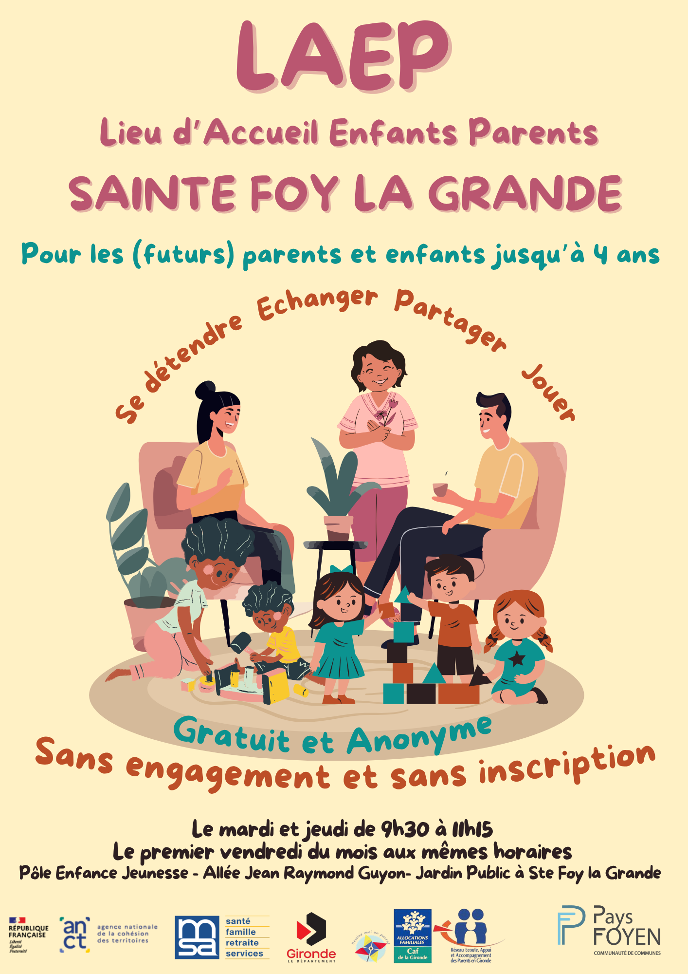 illustration avec trois adultes qui discutent, et des enfants qui jouent ensemble