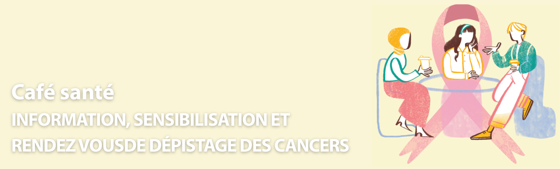 illustration avec symbole lutte contre cancer et illustration de 3 personnes en train de discuter