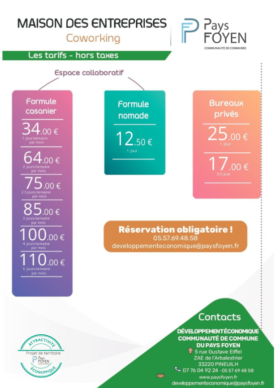 Tarifs - Coworking- Pays Foyen