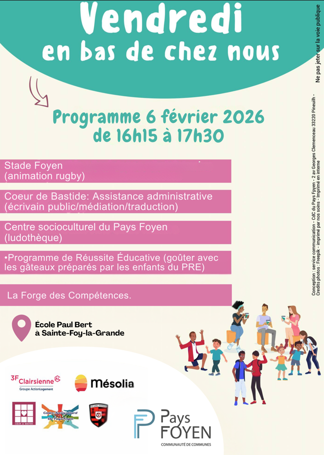 Une illustration avec trois adultes qui discutent et des enfants qui jouent