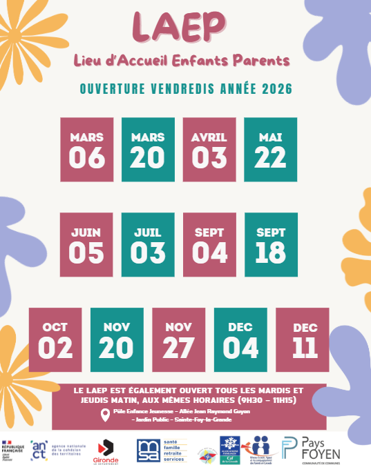 illustration avec les dates des vendredis de l'année 2026 où le LAEP sera ouvert