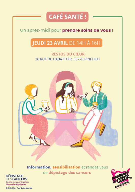 Affiche avec illustration avec symbole lutte contre cancer et illustration de 3 personnes en train de discuter