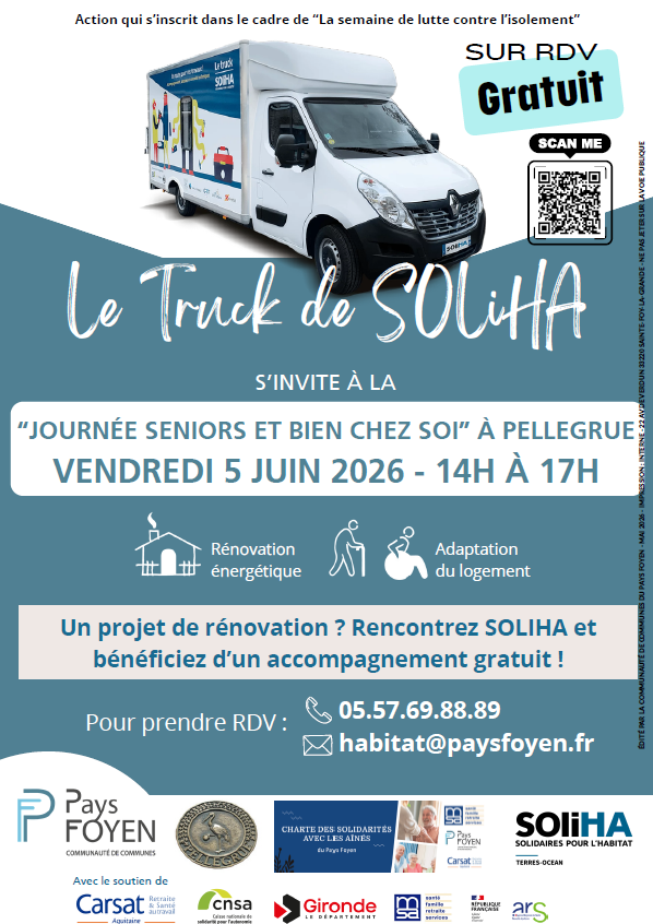 Affiche avec truck soliha et la date de passage à Pellegrue