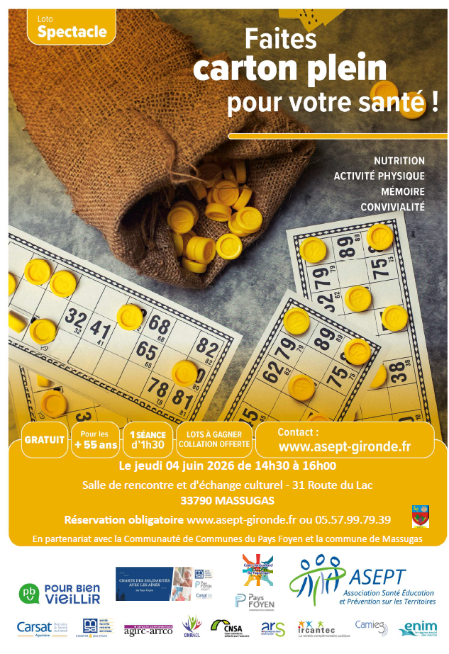 Cartons de loto avec des jetons et la date et lieu de l'événement