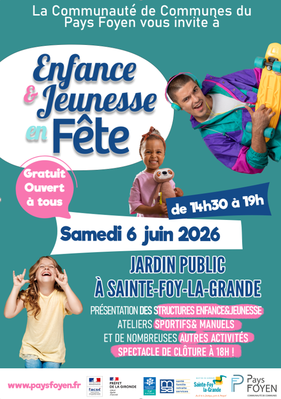 Affiche de l'événement avec une enfants en train de rire, une petite avec son doudou et un ado avec son skate et des écouteurs