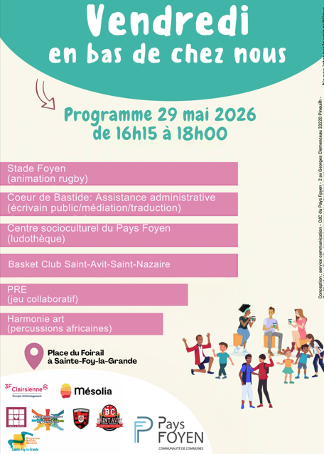 Une illustration avec trois adultes qui discutent et des enfants qui jouent