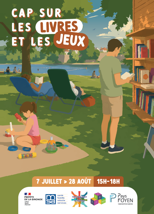 Visuel dessiné avec personne en bord de rivière, l'une regarde un livre, une enfant joue, d'autres sont installés sur des transat et d'autres sont dans l'herbe et dans l'eau