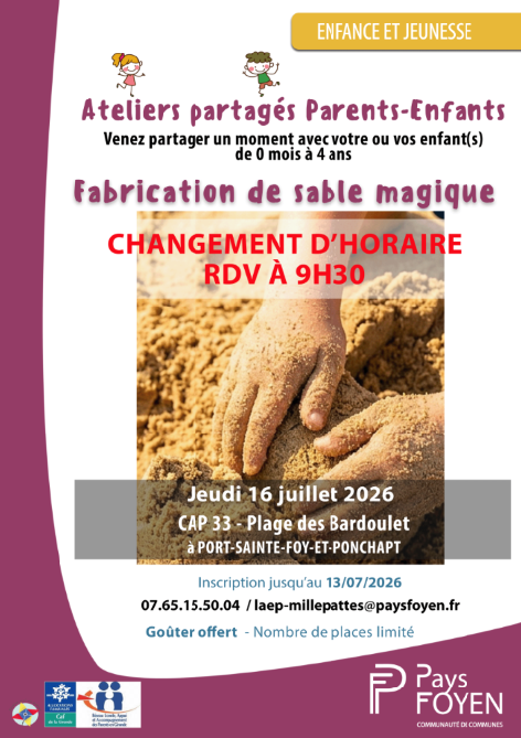 affiche LAEP atelier partagé avec mains d'enfant dans le sable