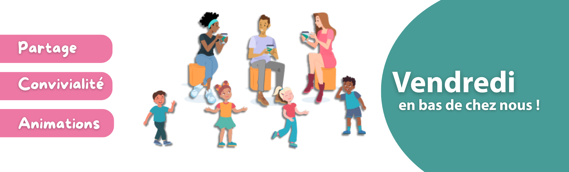 Une illustration avec trois adultes qui discutent et des enfants qui jouent