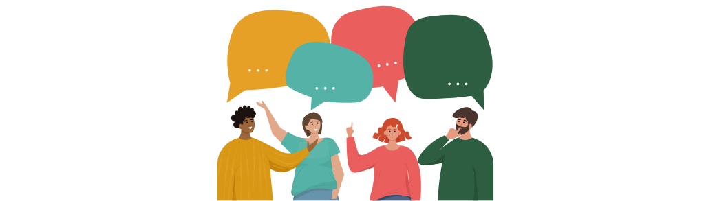 il s'agit d'une illustration représentant uun groupe de personne très différentes, des jeunes, des personnes plus âgés, de toutes les origines, avec des bulles de couleurs pour illustrer le dialogue.