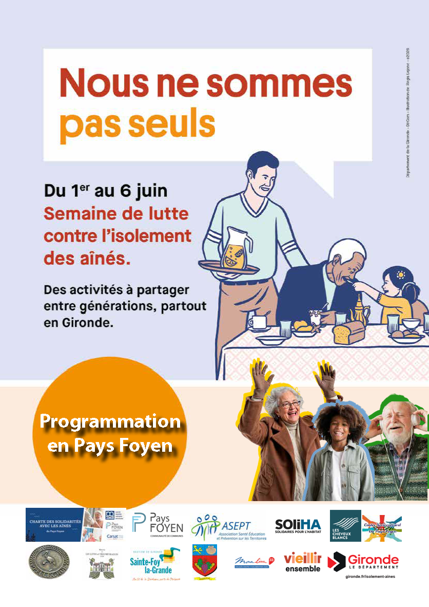 Affiche avec un senior et une personne, semblent discuter