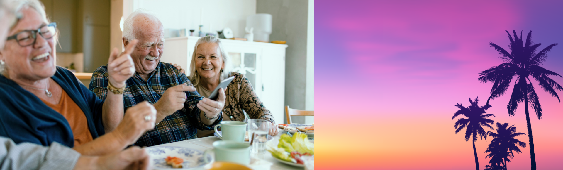 Visuel composé de deux photos, une avec des seniors à tables en train de rire et une autre avec des palmiers lors d'un coucher de soleil