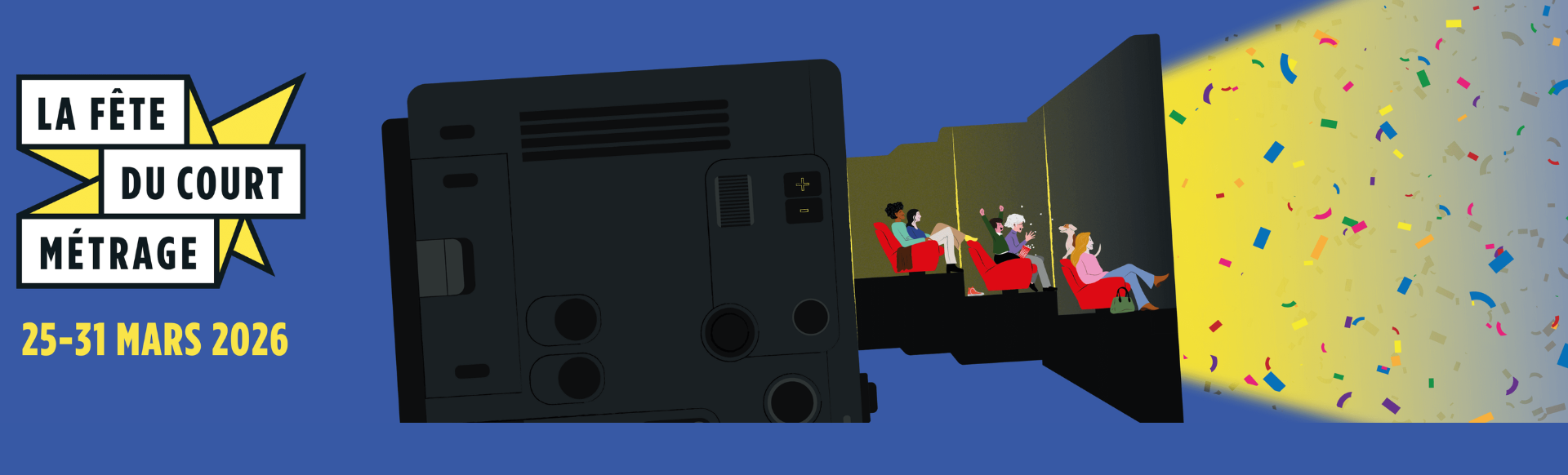 visuel national de la fête du court métrage avec fond bleu foncé et une illustration représentant une salle de cinéma avec des spectateurs