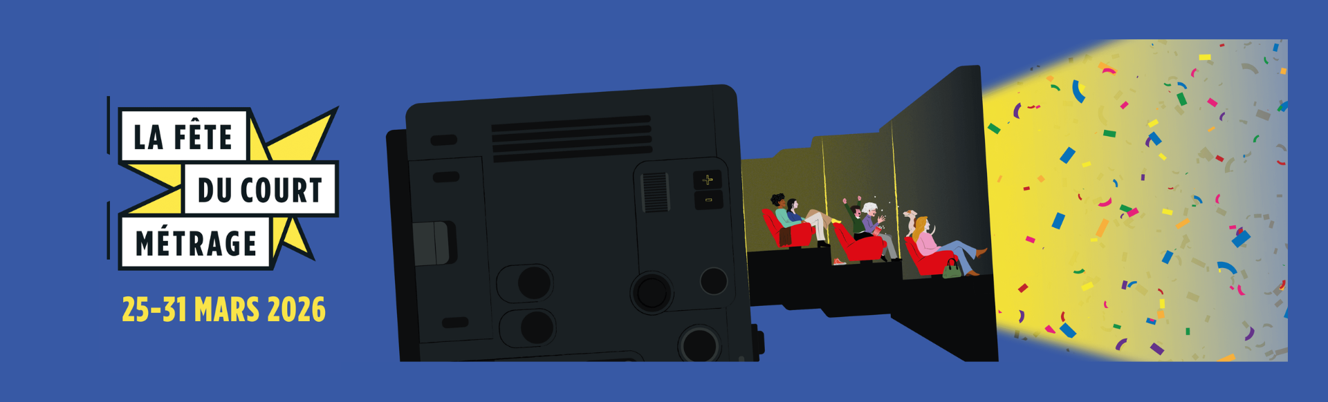 visuel national sur fond bleu foncé avec illustration représentant un cinéma avec spectateurs