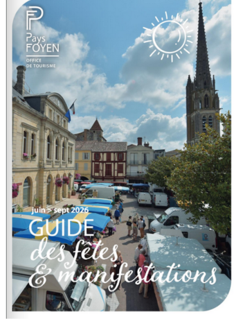 Une du guide, où l'on voit une photo du marché de Sainte-Foy-la-Grande en plein été