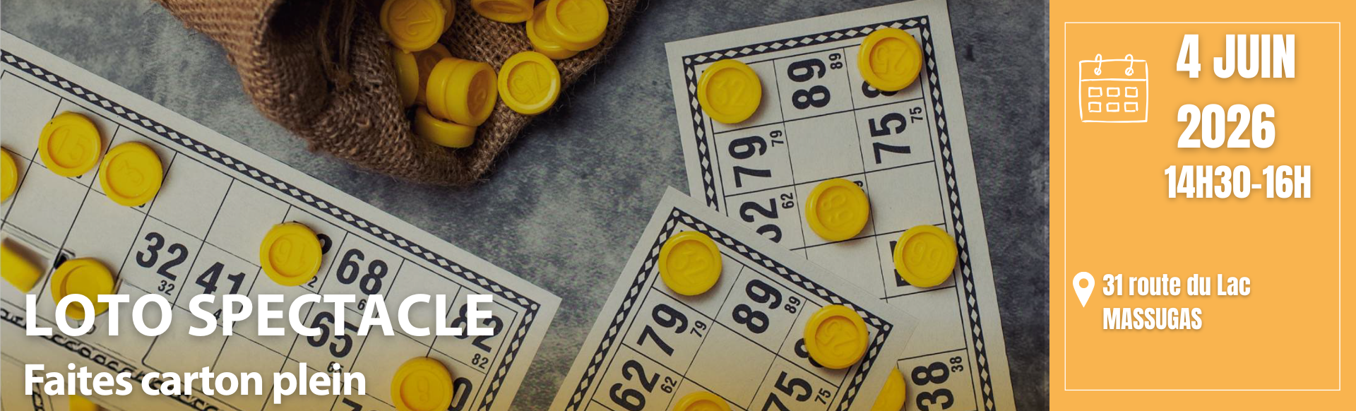 Cartons de loto avec des jetons et la date et lieu de l'événement