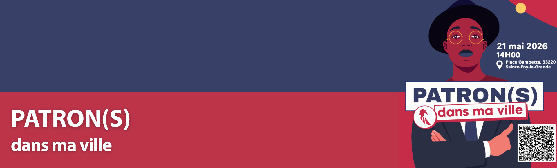 Illustration d'un homme en costard qui nous regarde avec le titre de la manifestation "Patron(s) dans ma ville"