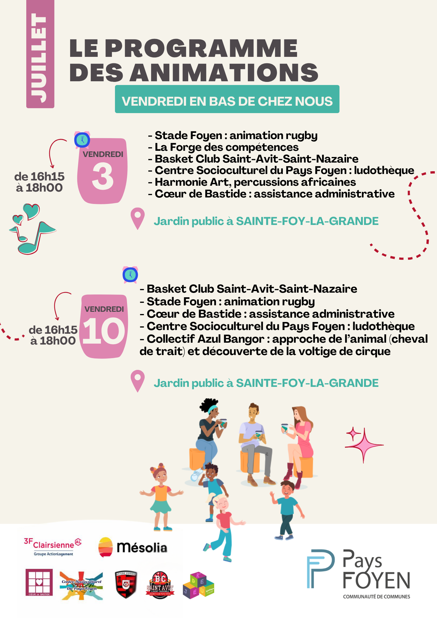 visuel du vendredis en bas de chez nous avec illustration d'adultes en train de discuter et d'enfants en train de jouer