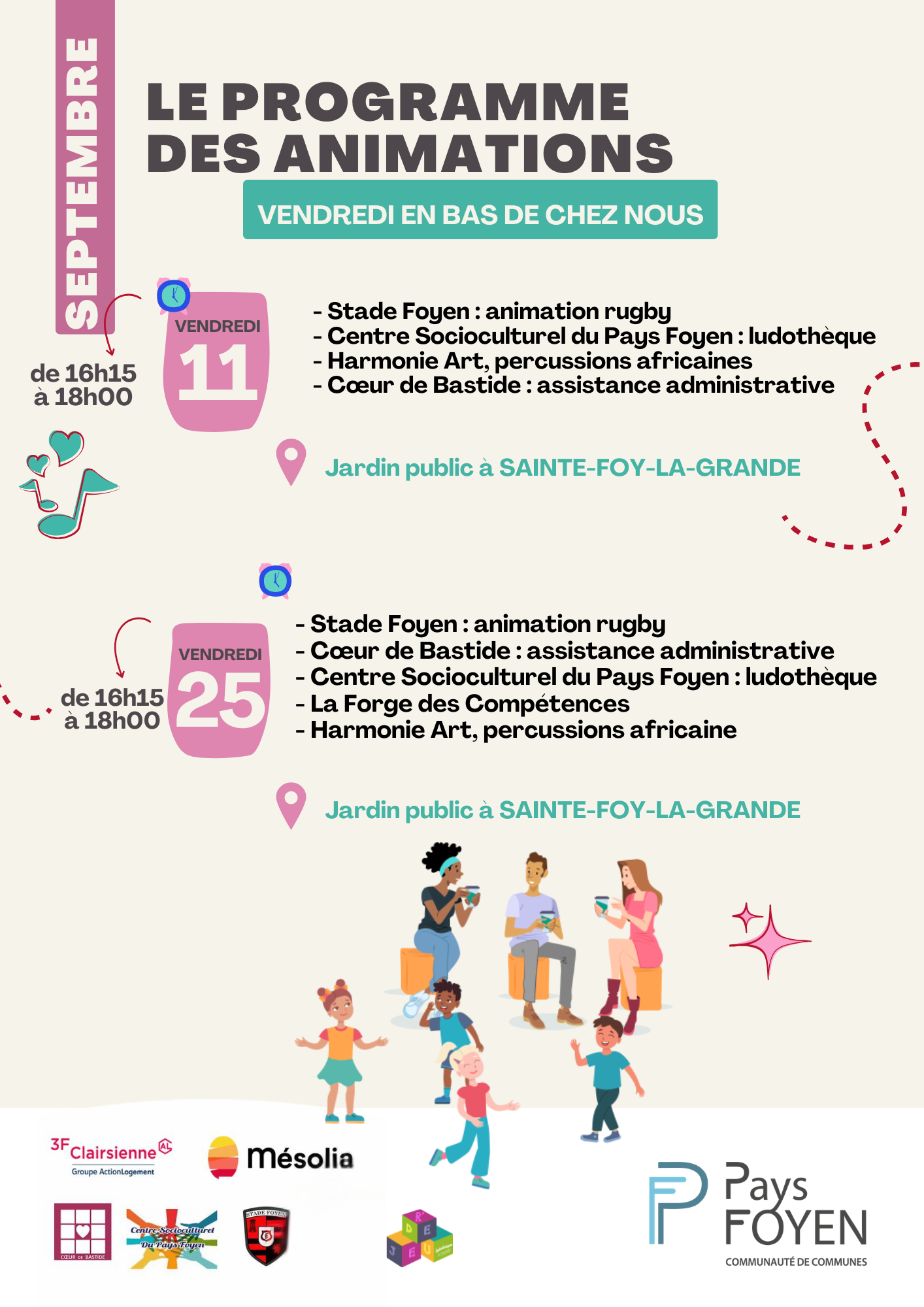 visuel du vendredis en bas de chez nous avec illustration d'adultes en train de discuter et d'enfants en train de jouer