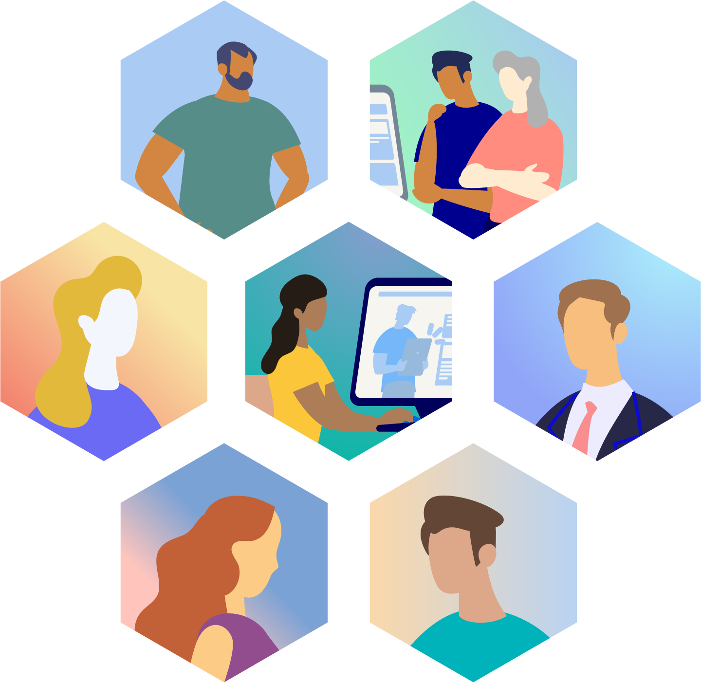 une illustration composée de plusieurs losanges représentant des personnes qui utilisent des outils numériques