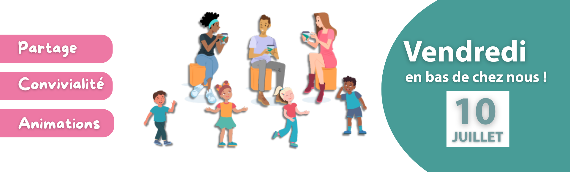 visuel vendredi en bas de chez nous avec personnages qui discutent femmes hommes et enfants