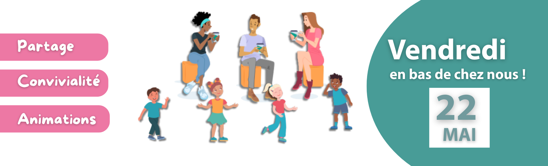 Une illustration avec trois adultes qui discutent et des enfants qui jouent