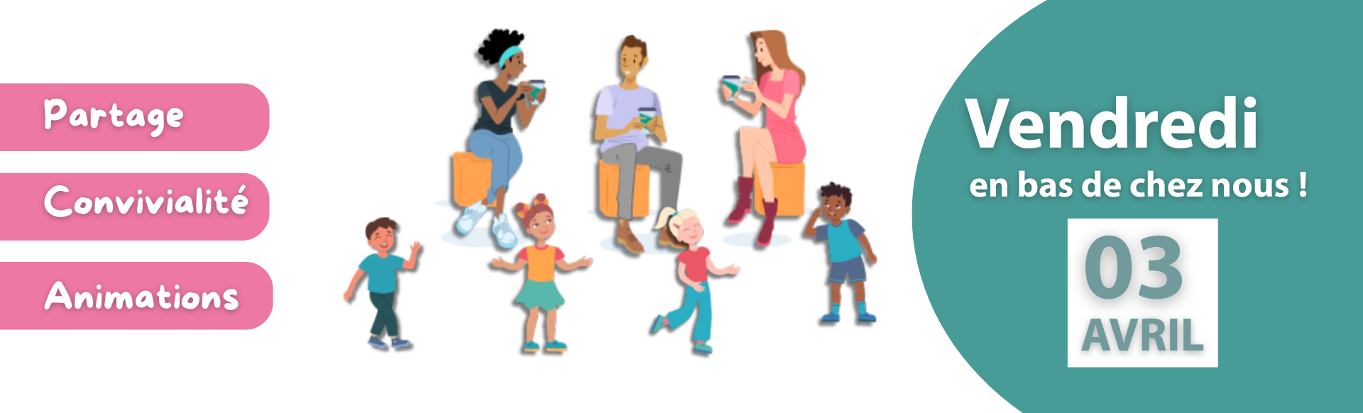 Une illustration avec trois adultes qui discutent et des enfants qui jouent