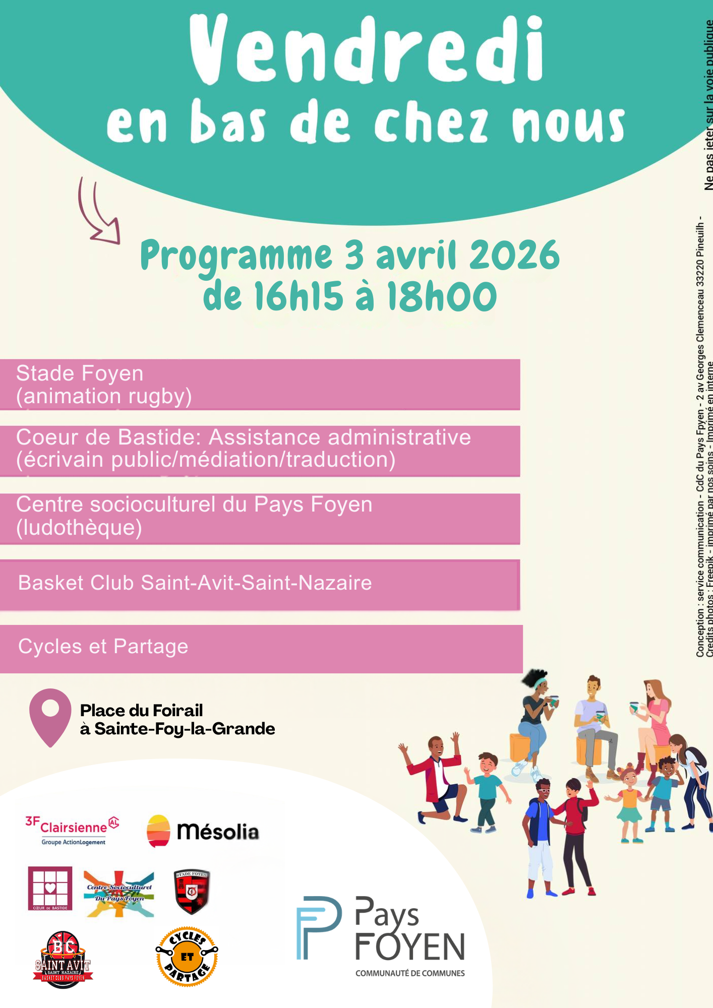 Une illustration avec trois adultes qui discutent et des enfants qui jouent