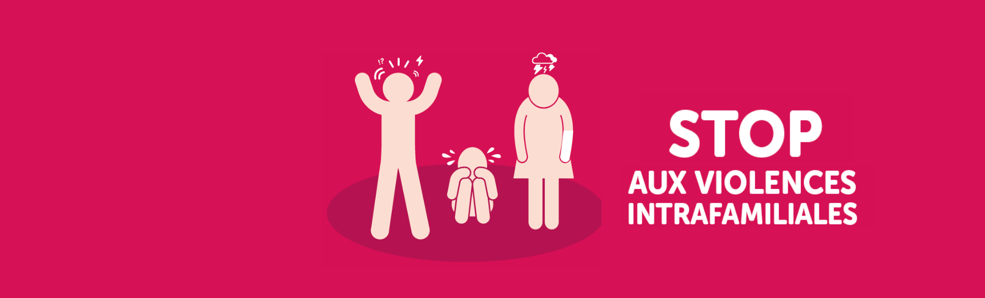 Trois silhouettes, de gauche à droite, un homme qui semble énervé, au centre un enfant en train de pleurer, à droite une femme bouleversée et blessée